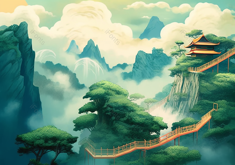 清新高山深林中的走廊和古式建筑插画,插画/手绘图,插画/手绘图库,插画/手绘图下载,插画/手绘